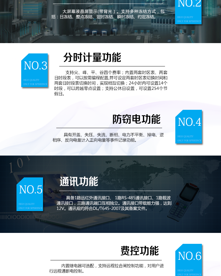 海興DDSI208單相電能表主要功能
　　計量功能
　　具有支持正反向有功、四象限無功電能、組合無功電能，支持正反向有功最大需量、四象限無功最大需量、組合無功最大需量，支持多費率計量。
　　分時計量功能
　　支持尖、峰、平、谷四個費率;內置兩套時區表、兩套日時段表，可以按需編程配置,并可設定兩套時區表切換時間和兩套日時段表切換時間，實現相互切換;24小時內可設置14個時段，可以跨越零點設置;支持公休日設置，可設置254個節假日。
　　測量功能
　　能測量電壓、電流、功率以及功率因數等電網參數，零線電流測量功能可選配。測量準確度高，可以達到1級以內標準。
　　數據存儲功能
　　支持多種凍結方式，包括：日凍結、整點凍結、定時凍結、瞬時凍結、約定凍結。
　　事件記錄功能
　　分別記錄最近10次掉電、編程、校時、開表蓋、跳閘、合閘、事件清零、電表清零。
　　通信功能
　　具備1路遠紅外通訊接口、 1路RS-485通訊接口、1路載波通訊接口，三路通訊端口互相獨立。通訊接口帶載能力強，達到12V。通訊規約符合DL/T645-2007及其備案文件。
　　費控功能
　　內置繼電器可選配，支持遠程拉合閘控制功能，對用戶進行遠程通斷電控制。
　　用戶交互界面
　　采用大屏幕液晶顯示，提供豐富的圖形或文字提示信息;顯示內容可通過按鍵循環查詢，顯示項目可通過通信口按需配置;提供液晶背光，方便查看。支持停電喚醒功能，能通過按鍵或非接觸方式喚醒電能表，實現屏幕顯示抄讀電量和紅外通信口抄讀電量等數據。