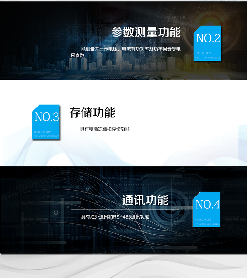 海興DTS208三相三線電能表主要功能
　　計量功能
　　具有有功電能量、無功電能量計量功能;具有計量分相有功電能量功能。
　　分時計量功能
　  支持尖、峰、平、谷四個費率;內置兩套時區表、兩套日時段表，可以按需編程配置,并可設定兩套時區表切換時間和兩套日時段表切換時間，實現相互切換;每套費率時段可設置14個時區、8個日時段表、4個費率(尖、峰、平、谷)，每個日時段表可設置14個時段，時段可以跨越零點設置;支持公休日設置，可設置254個節假日。
　　測量功能
　　能測量電壓、電流、有功功率、無功功率、視在功率以及功率因數等電網參數，并具有最大需量測量功能。測量準確度高，可以達到0.5級以內標準。
　　數據存儲功能
　　電量可存儲當前及上12個結算日的歷史數據;支持多種凍結方式，包括：日凍結、整點凍結、定時凍結、瞬時凍結、約定凍結。
　　事件記錄功能
　　分別記錄最近10次掉電、編程、校時、開表蓋、跳閘、合閘、事件清零、電表清零。
　　通信功能
　　具備1路遠紅外通訊接口、2路RS-485通訊接口，三路通訊端口互相獨立。通訊規約符合DL/T645-2007及其備案文件。
　　費控功能
　　內置繼電器可選配，支持遠程拉合閘控制功能，對用戶進行遠程通斷電控制。
　　用戶交互界面
　　采用大屏幕液晶顯示，提供豐富的圖形或文字提示信息;顯示內容可通過按鍵循環查詢，顯示項目可通過通信口按需配置;提供液晶背光，方便查看。支持停電喚醒功能，能通過按鍵或非接觸方式喚醒電能表，實現屏幕顯示抄讀電量和紅外通信口抄讀電量等數據。