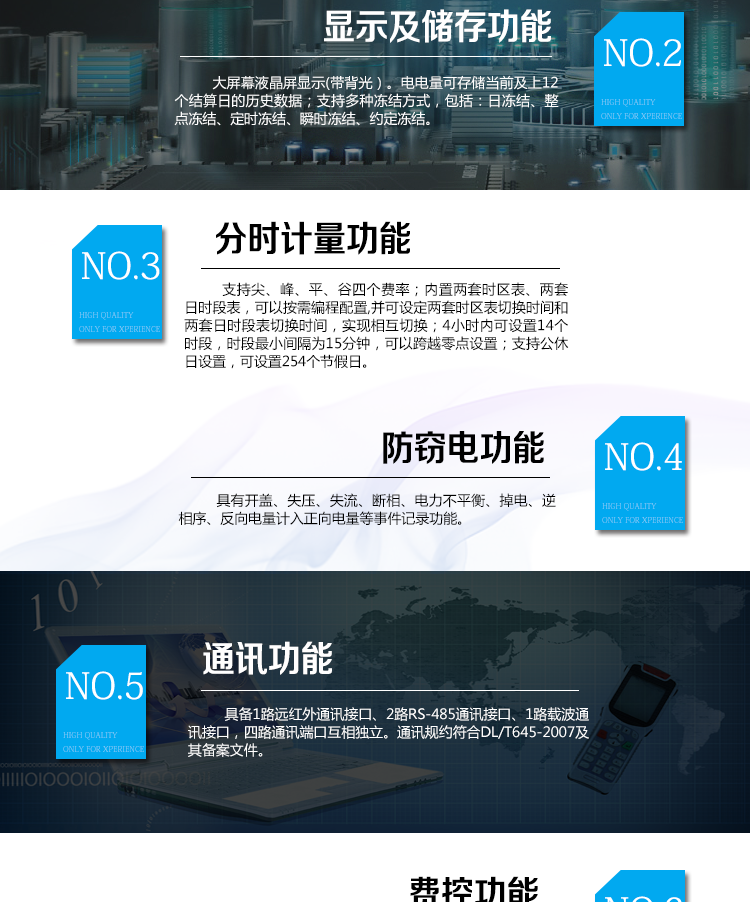 海興DTSI208三相四線電能表主要功能

　　計量功能
　　具有有功電能量、無功電能量計量功能;具有計量分相有功電能量功能。
　　分時計量功能
　　支持尖、峰、平、谷四個費率;內置兩套時區表、兩套日時段表，可以按需編程配置,并可設定兩套時區表切換時間和兩套日時段表切換時間，實現相互切換;每套費率時段可設置14個時區、8個日時段表、4個費率(尖、峰、平、谷)，每個日時段表可設置14個時段，時段可以跨越零點設置;支持公休日設置，可設置254個節假日。
　　測量功能
　　能測量電壓、電流、有功功率、無功功率、視在功率以及功率因數等電網參數，并具有最大需量測量功能。測量準確度高，可以達到0.5級以內標準。
　　數據存儲功能
　　電量可存儲當前及上12個結算日的歷史數據;支持多種凍結方式，包括：日凍結、整點凍結、定時凍結、瞬時凍結、約定凍結。
　　事件記錄功能
　　分別記錄最近10次掉電、編程、校時、開表蓋、跳閘、合閘、事件清零、電表清零。
　　通信功能
　　具備1路遠紅外通訊接口、2路RS-485通訊接口、1路載波通訊接口，四路通訊端口互相獨立。通訊規約符合DL/T645-2007及其備案文件。
　　費控功能
　　內置繼電器可選配，支持遠程拉合閘控制功能，對用戶進行遠程通斷電控制。
　　用戶交互界面
　　采用大屏幕液晶顯示，提供豐富的圖形或文字提示信息;顯示內容可通過按鍵循環查詢，顯示項目可通過通信口按需配置;提供液晶背光，方便查看。支持停電喚醒功能，能通過按鍵或非接觸方式喚醒電能表，實現屏幕顯示抄讀電量和紅外通信口抄讀電量等數據。