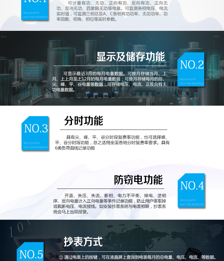 杭州百富華隆DSZ532三相三線智能電能表主要功能
　　電能計量功能
　　計量參數：可計量有功、無功、正向有功、反向有功、正向無功、反向無功、四象限無功等電量。
　　監測參數：可監測各相電壓、電流實時值，可監測三相總及A、C各相有功功率、無功功率、功率因數、相角、相位等實時參數。
　　分時功能：具有尖、峰、平、谷分時段復費率功能，也可選擇峰、平、谷分時段功能，總之適用全國各地分時復費率要求。
　　數據存儲：可按月存儲當月、上月、上上月至上12月的每月電量數據;可按月存儲每月的總、尖、峰、平、谷電量等數據;可存儲電壓、電流、正反向有無功電量數據。
　　具有6類負荷曲線記錄功能。
　　顯示功能：可顯示最近3月的每月電量數據。
　　防竊電功能
　　開蓋記錄功能，防止非法更改電路。
　　電壓合格率、失壓記錄功能，防止用戶非法取掉或截斷電壓接線，如已發生，可通過記錄的時間核算所損失的電量，為追補電量提供依據。
　　失流、斷相記錄功能，防止用戶非法短接電流接線，如已發生，可通過記錄的時間核算所損失的電量，為追補電量提供依據。
　　電流不平衡記錄：可警惕用戶在電表接線的前端截取電量。
　　掉電記錄功能，防止用戶非法取下電表的工作電源，如已發生，可通過記錄的時間核算所損失的電量，為追補電量提供依據。
　　反向電量計入正向電量，用戶如將電流線接反，電表照樣正向走字，不具有竊電作用。
　　逆相序報警，用戶非法接線，電表會報警，除非把線接正確，否則一直報警。
　　以上情況如發出，電表會出現報警標志，如安裝抄表系統與電表相聯，抄表系統會馬上出現報警。