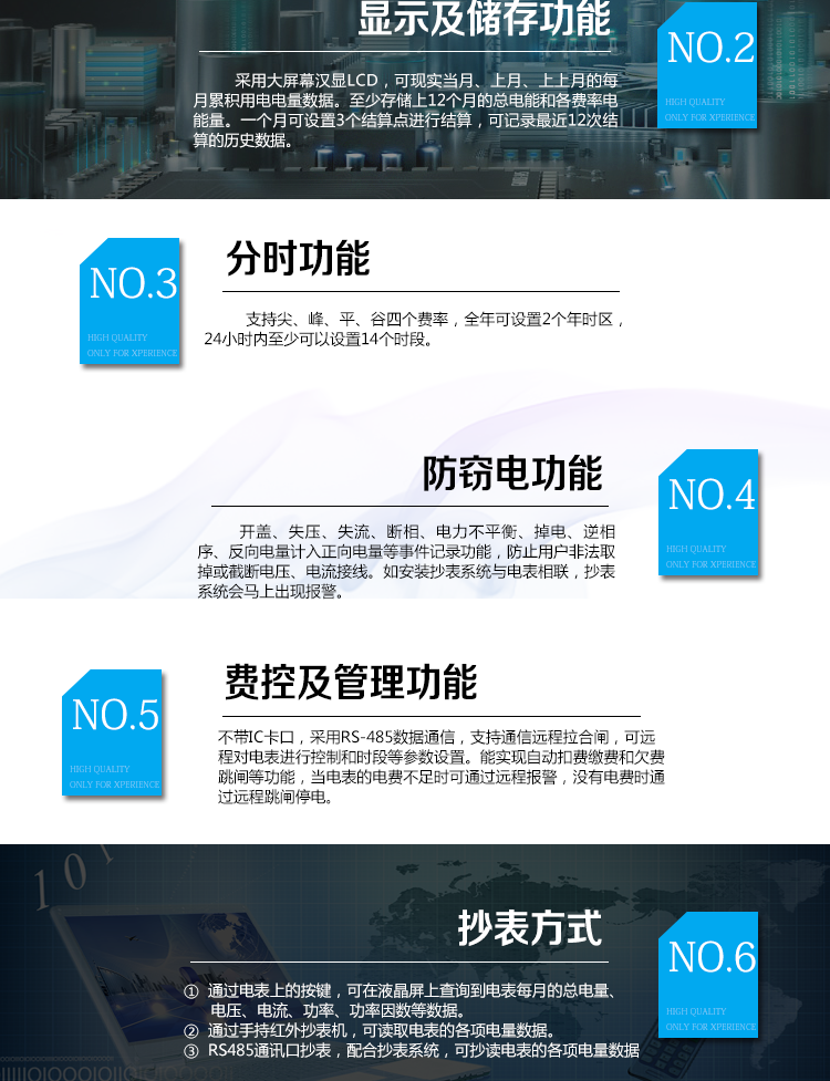 華立DDZY285-J電能表主要功能
　　電能計量功能
　　計量參數：具有正、反向組合有功電能的計量功能，組合有功電能可由正反向有功電能進行選擇性組合。
　　測量功能：能測量電壓、電流(包含零線)，有功功率以及功率因數等電網參數。
　　分時功能：支持尖、峰、平、谷四個費率，全年可設置2個年時區，24小時內至少可以設置14個時段。
　　數據存儲：至少存儲上12個月的總電能和各費率電能量。一個月可設置3個結算點進行結算，可記錄最近12次結算的歷史數據。
　　顯示功能：采用大屏幕漢顯LCD，可現實當月、上月、上上月的每月累積用電電量數據。
　　防竊電功能
　　開蓋記錄功能，記錄開表蓋總次數，防止非法更改電路。
　　反向電量計入正向電量，用戶如將電流線接反，不具有竊電作用，電表照樣正向走字
　　具有記錄編程、掉電、校時、跳閘等事件發生的時刻以及事件發生時電能表狀態，防止用戶更改電表數據。
　　具有凍結和報警功能。
　　以上情況如發出，電表會出現報警標志，如安裝抄表系統與電表相聯，抄表系統會馬上出現報警。
　　費控功能
　　電表不帶IC卡口，采用RS-485和無線進行數據通信，支持通信遠程拉合閘。
　　費控管理功能
　　可通過遠程對電能表進行遠程拉、合閘控制和時段等參數設置，進而對用戶的用電實施遠程管理。
　　能實現自動扣費繳費的功能和欠費跳閘等功能，當電表的電費不足時可以通過遠程報警，沒有電費時通過遠程跳閘停電，操作管理十分方便。
　　抄表方式
　　通過電表上的按鍵，可在液晶屏上查詢到電表每月的總電量、電壓、電流、功率、功率因數等數據。
　　通過手持紅外抄表機，可讀取電表的各項電量數據。
　　RS485通訊口抄表，配合抄表系統，可抄讀電表的各項電量數據。并支持DL/T645-2007多功能電能表通訊規約。