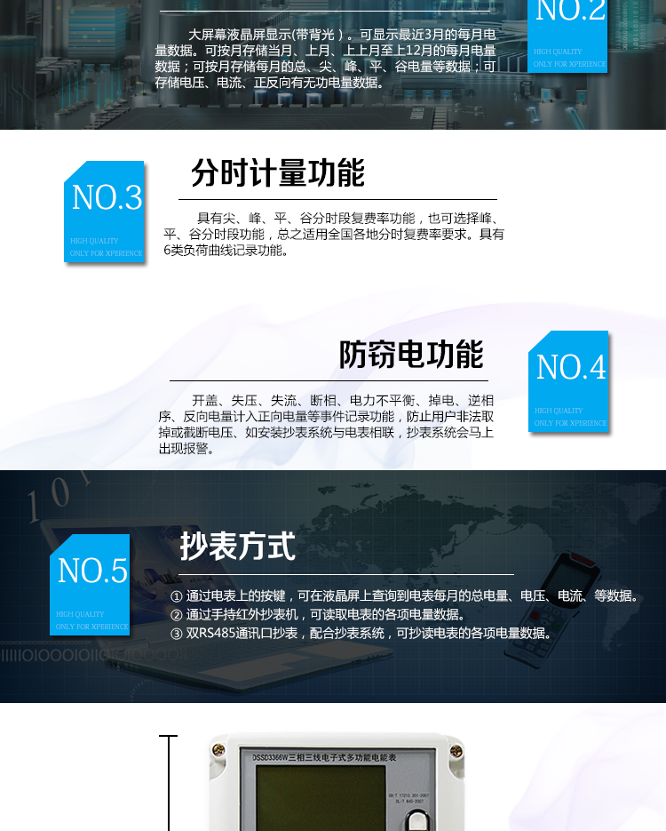2、防竊電功能
① 開蓋記錄功能，防止非法更改電路。
② 電壓合格率、失壓記錄功能，防止用戶非法取掉或截斷電壓接線，如已發生，可通過記錄的時間核算所損失的電量，為追補電量提供依據。
③ 失流、斷相記錄功能，防止用戶非法短接電流接線，如已發生，可通過記錄的時間核算所損失的電量，為追補電量提供依據。
④ 電流不平衡記錄：可警惕用戶在電表接線的前端截取電量。
⑤ 掉電記錄功能，防止用戶非法取下電表的工作電源，如已發生，可通過記錄的時間核算所損失的電量，為追補電量提供依據。
⑥ 反向電量計入正向電量，用戶如將電流線接反，電表照樣正向走字，不具有竊電作用。
⑦ 逆相序報警，用戶非法接線，電表會報警，除非把線接正確，否則一直報警。
以上情況如發出，電表會出現報警標志，如安裝抄表系統與電表相聯，抄表系統會馬上出現報警。