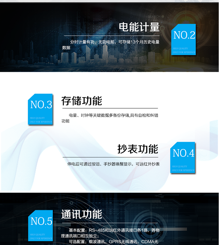 主要功能
　　寬視角、大屏幕液晶顯示，具有豐富的狀態指示與漢字輔助提示信息;
　　分時計量正向有功電量、反向有功電量、四象限無功電量，支持組合有功及四象限無功任意組合;計量分相的正向有功、反向有功和四象限無功電量;
　　分時計量正向有功、反向有功和四象限無功最大需量及發生時間;
　　最多可存儲13個月歷史電能和需量記錄，電量數據支持最多一月三次結算;
　　最大8費率(增加IC卡預付費功能后最大4費率)，主副兩套時段，時鐘雙備份自動糾錯;
　　雙備份數據存儲，自動參數糾錯;
　　可設置6類數據記錄負荷曲線，存儲容量達到2M字節;
　　全面的事件記錄種類，具有防竊電開蓋檢測功能;
　　記錄并存儲13個月的電壓質量統計數據;
　　豐富的自檢、糾錯和報警功能;