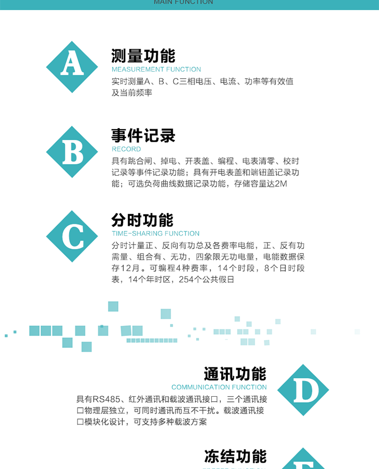 功能特點
內嵌高速高精度的交流電壓電流采集模塊，采樣精度高，電能計量實時精確；
分時計量正、反向有功總及各費率電能，正、反有功需量、組合有、無功，四象限無功電量，電能數據保存12月。
可編程4種費率，14個時段，8個日時段表，14個年時區，254個公共假日。
采用寬溫大視角LCD顯示，具有參數自動輪顯和按鍵顯示功能。
具有RS485、紅外通訊和載波通訊接口，三個通訊接口物理層獨立，可同時通訊而互不干擾。
內嵌高性能的載波模塊，其通信能力的可靠性實現了主站的遠程控制，載波通訊接口模塊化設計，可支持多種載波方案；
具有CPU卡接口實現本地費控，并具有遠程費控功能；
具有有、無功測試脈沖輸出；具有多功能輸出功能和異常報警輸出功能。
實時測量A、B、C三相電壓、電流、功率等有效值及當前頻率。
具有失壓、斷相、失流、全失壓、電壓逆相序、欠壓、過壓、過流、斷流、電流不平衡、過載、總功率因數超下限、停來電、編程、需量清零、校時等記錄功能。
具有停電按鍵喚醒功能、停電紅外喚醒功能，并可以停電喚醒紅外抄表。
具有故障信息提示、報警（液晶、報警燈）功能。