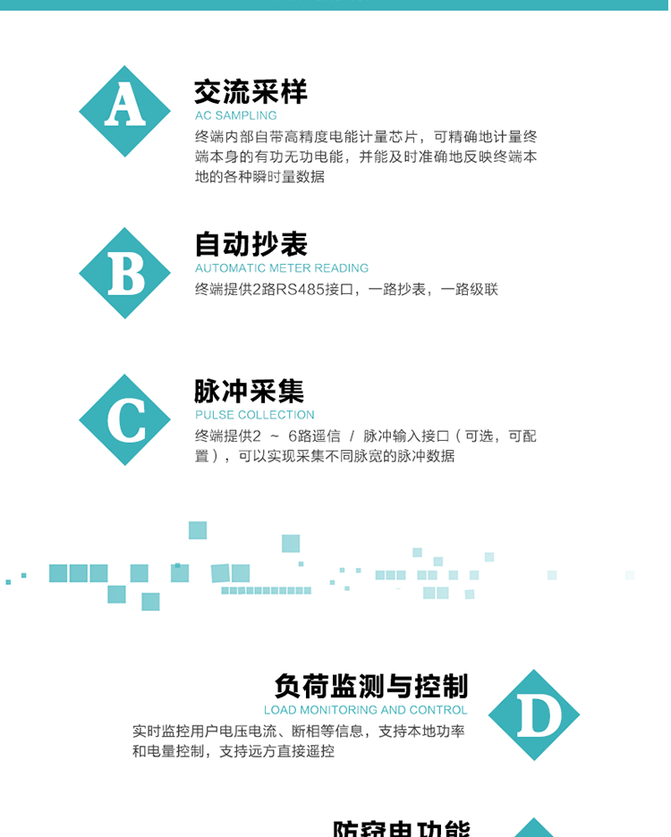 功能及特點：
1、交流采樣, 終端內部自帶高精度電能計量芯片，可精確地計量終端本身的有功無功電能，并能及時準確地反映終端本地的各種瞬時量數據。
2、自動抄表，終端提供2路RS485接口，一路抄表，一路級聯
3、脈沖采集，終端提供2 ~ 6路遙信 / 脈沖輸入接口（可選，可配置），可以實現采集不同脈寬的脈沖數據
4、負荷監測與控制，實時監控用戶電壓電流、斷相等信息，支持本地功率和電量控制，支持遠方直接遙控