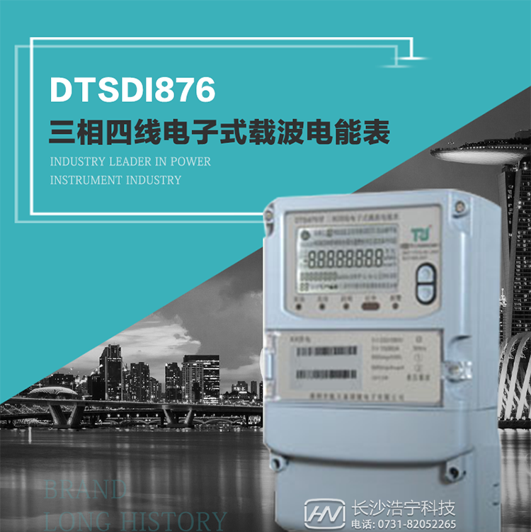 產品型號：DTSDI876 型三相四線電子式載波電能表
精度等級：有功1級,無功2級 
額定電壓： 3×100V 、 3×57.7/100V、 3×220/380V 
額定電流： 0.3(1.2)A～30(100)A 
頻 率： 50HZ 
工作溫度：-40℃～+70℃ 
顯示方式： 液晶 
整機功耗： 
重量： 約2.3kg 
外形尺寸： 265mm?170mm?75mm