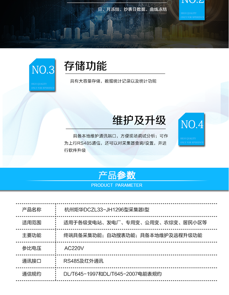 產品特點
?按照用戶的設置，定時和實時采集多個用戶電能表的電能信息。并將它處理后通過電力載波方式傳送到集中器中。支持DL/T645-1997和DL/T645-2007電能表規約
? 采集方式及采集類型：采集方式：直抄、定時抄收、自動補抄
　　　　　　　　　　　數據類型：日、月凍結、抄表日數據、曲線凍結
?本地維護通信接口：可作為上行RS485通信，還可以對采集器查詢/設置，并進行軟件升級
?具備自動搜表功能
?具有大容量存儲，數據統計記錄以及統計功能。
?具備本地維護通訊端口，方便現場調試分析。