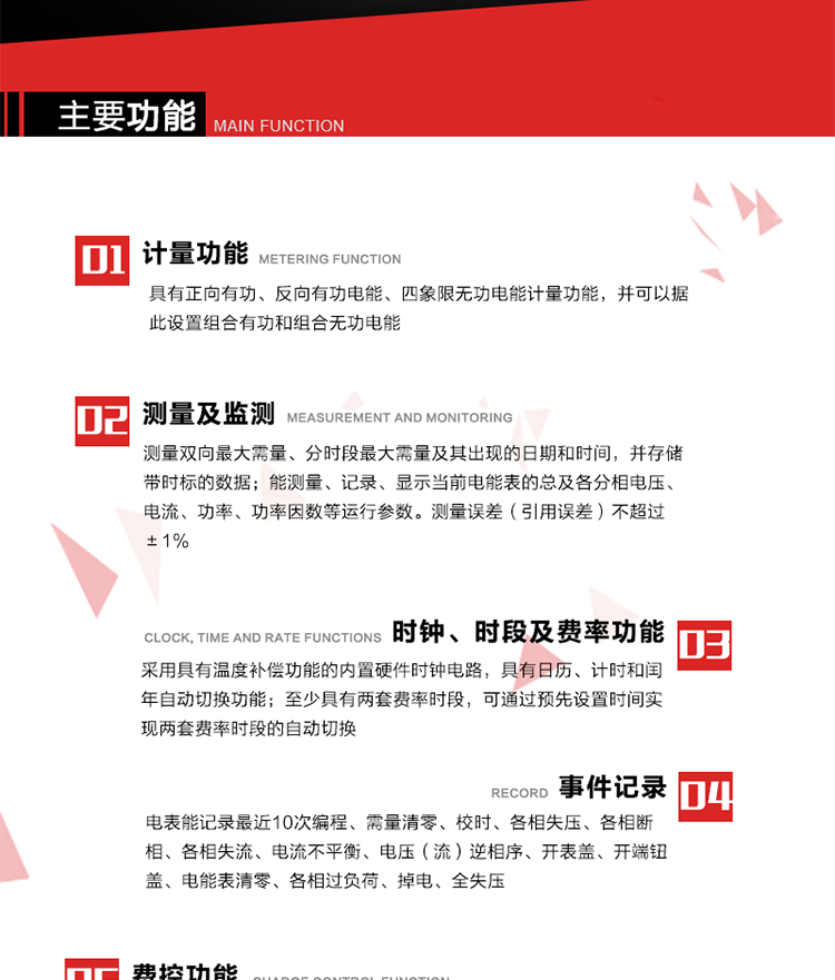 主要功能
1. 電能計量
具有正向有功、反向有功電能、四象限無功電能計量功能，并可以據此設置組合有功和組合無功電能。
2. 需量計量
測量雙向最大需量、分時段最大需量及其出現的日期和時間，并存儲帶時標的數據。
3. 測量及監測
能測量、記錄、顯示當前電能表的總及各分相電壓、電流、功率、功率因數等運行參數。測量誤差（引用誤差）不超過±1%。
4. 時鐘、時段及費率功能
采用具有溫度補償功能的內置硬件時鐘電路，具有日歷、計時和閏年自動切換功能。內部時鐘端子輸出頻率為1Hz。至少具有兩套費率時段，可通過預先設置時間實現兩套費率時段的自動切換。每套費率時段全年至少可設置2個時區，24小時內至少可以設置8個時段，時段最小間隔為15分鐘，并且時段間隔大于表內設定的需量周期值，時段可跨越零點設置。
5. 費控功能 
電能表費控功能的實現方式通過CPU卡等固態介質實現。具有兩套階梯電價計費方式，并可在設置時間點啟用另一套階梯電價計費。
6. 無線通信
通過無線通信與主站通信。支持在安全認證前提下，通過無線網絡信道修改費率時段表及電價。
7. 事件記錄
電表能記錄最近10次編程、需量清零、校時、各相失壓、各相斷相、各相失流、電流不平衡、電壓（流）逆相序、開表蓋、開端鈕蓋、電能表清零、各相過負荷、掉電、全失壓。
8. 凍結
具有定時凍結、瞬時凍結、約定凍結和日凍結功能。
9.　負荷記錄
記錄正反向有功總電能、無功總電能、四象限無功總電能、組合有功、組合無功1、組合無功2，負荷記錄間隔時間可以在1～60min范圍內設置，時間間隔為1min的情況下可記錄不少于40天的數據容量。
10. 停電抄表
在停電狀態下，能通過按鍵或非接觸方式喚醒電能表，抄讀電能量等數據。
11. 擴展功能
計量視在電能、諧波電壓、電流、電量的監測、電能質量監測和計算鐵損、銅損。 