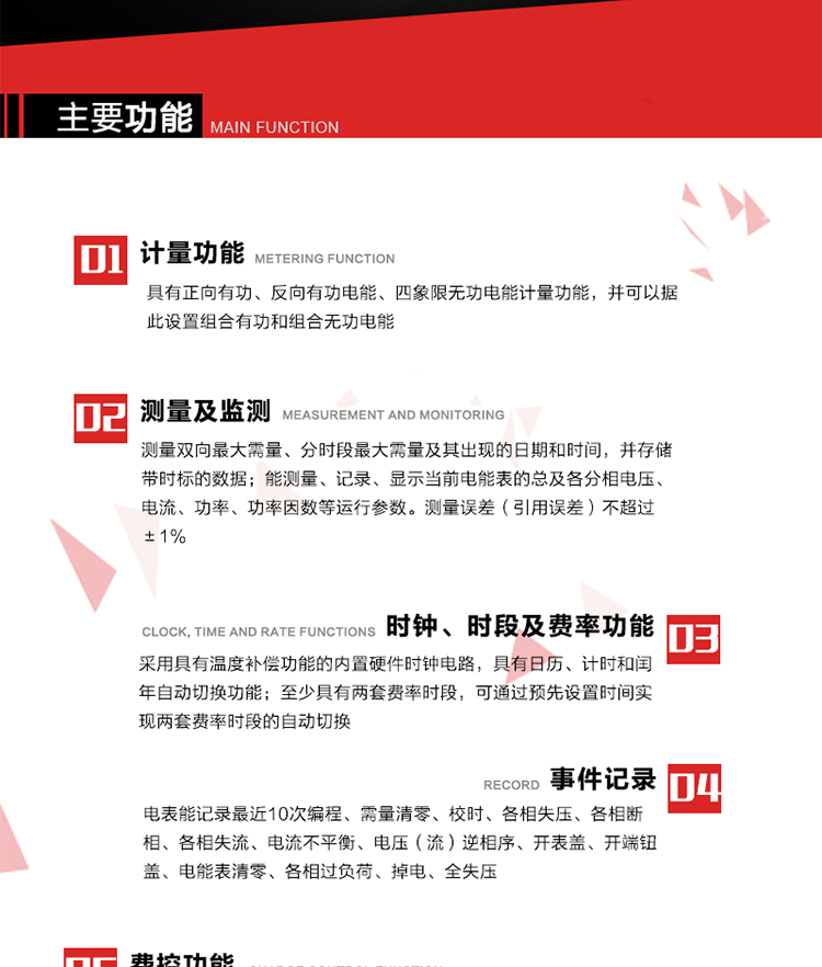 主要功能
1. 　電能計量
具有正向有功、反向有功電能、四象限無功電能計量功能，并可以據此設置組合有功和組合無功電能。
2. 　需量計量
測量雙向最大需量、分時段最大需量及其出現的日期和時間，并存儲帶時標的數據。
3. 　測量及監測
能測量、記錄、顯示當前電能表的總及各分相電壓、電流、功率、功率因數等運行參數。測量誤差（引用誤差）不超過±1%。
4. 　時鐘、時段及費率功能
采用具有溫度補償功能的內置硬件時鐘電路，具有日歷、計時和閏年自動切換功能。內部時鐘端子輸出頻率為1Hz。至少具有兩套費率時段，可通過預先設置時間實現兩套費率時段的自動切換。每套費率時段全年至少可設置2個時區，24小時內至少可以設置8個時段，時段最小間隔為15分鐘，并且時段間隔大于表內設定的需量周期值，時段可跨越零點設置。
5. 　費控功能 
電能表費控功能的實現方式通過公網等虛擬介質和遠程售電系統實現。
6. 　無線通信
通過無線通信與主站通信。支持在安全認證前提下，通過無線網絡信道修改費率時段表及電價。
7. 　事件記錄
電表能記錄最近10次編程、需量清零、校時、各相失壓、各相斷相、各相失流、電流不平衡、電壓（流）逆相序、開表蓋、開端鈕蓋、電能表清零、各相過負荷、掉電、全失壓。
8. 　凍結
具有定時凍結、瞬時凍結、約定凍結和日凍結功能。
9.　 負荷記錄
記錄正反向有功總電能、無功總電能、四象限無功總電能、組合有功、組合無功1、組合無功2，負荷記錄間隔時間可以在1～60min范圍內設置，時間間隔為1min的情況下可記錄不少于40天的數據容量。
10. 　停電抄表
在停電狀態下，能通過按鍵或非接觸方式喚醒電能表，抄讀電能量等數據。
11. 擴展功能
計量視在電能、諧波電壓、電流、電量的監測、電能質量監測和計算鐵損、銅損。 