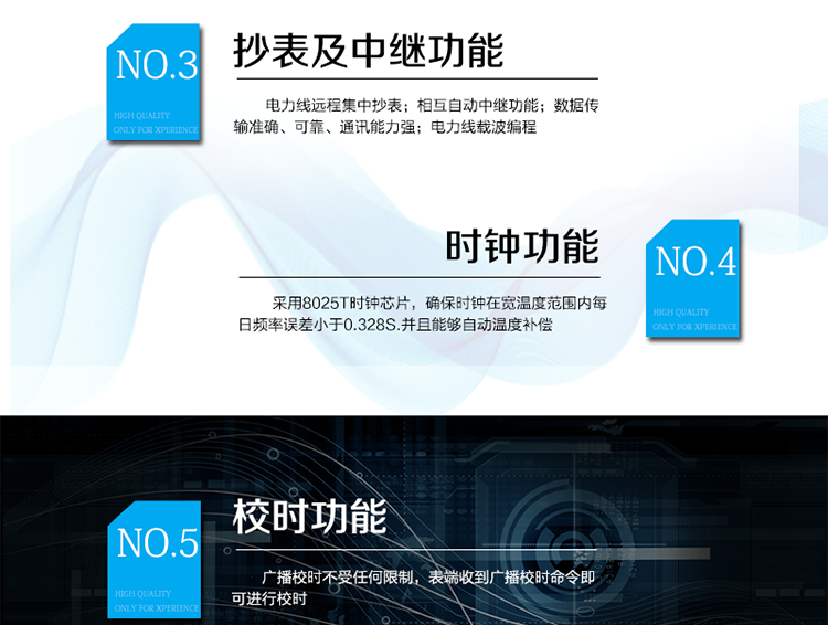 主要特點
1、有功電能計量精確，長期工作不需調校
2、電力線遠程集中抄表
3、相互自動中繼功能
4、數據傳輸準確、可靠、通訊能力強
5、電力線載波編程
6、采用8025T時鐘芯片，確保時鐘在寬溫度范圍內每日頻率誤差小于0.328S.并且能夠自動溫度補償。
7、廣播校時不受任何限制，表端收到廣播校時命令即可進行校時
8、月凍結：按照指定的時間凍結正向總電量，每個凍結量至少保存12次