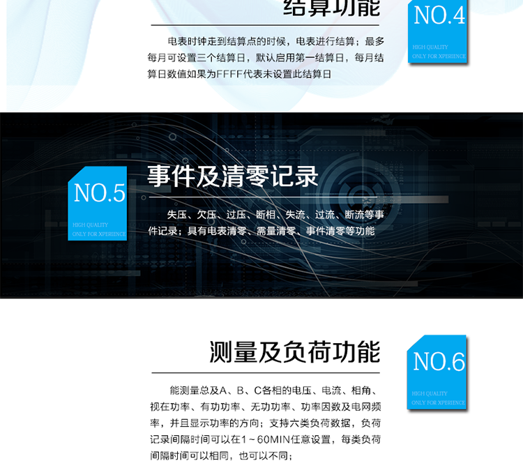 2.3需量計量
 能夠計量正、反向有功，正、反向視在，1、2、3、4象限無功，組合無功1、2的最大需量和發生時間。
 需量周期和滑差時間可在1～60min分鐘范圍內設置，但應該滿足：需量周期大于滑差時間且為其的整數倍，需量周期可在5、10、15、30、60min中選擇；滑差式需量周期的滑差時間可以在1、2、3、5min中選擇。需量周期應為滑差時間的5的整倍數，且該倍數小于等于15。
 當發生電壓線路上電、時段轉換、清零、時鐘調整、需量周期改變、功率潮流方向轉換等情況時，電能表從當前時刻開始，按照需量周期進行需量測量，當第一個需量周期完成后，按滑差間隔開始最大需量記錄。其中，發生時段轉換時，總需量繼續按滑差測量，分時需量按需量周期重新開始測量。
 在一個不完整的需量周期內或修改需量周期時，不做最大需量的記錄。
 能存儲12個結算日最大需量數據。
 需量顯示小數位數出廠缺省為4位小數。
2.4結算功能
 本表除給出有、無功當前總及分時電量、最大需量及其發生時間外，還存儲了上1到上12個結算周期的歷史數據（包含組合有功、正反向有功、組合無功1和組合無功2、四象限無功、各元件有功、無功總電量以及分時電量；正反向有功、組合無功1和組合無功2、四象限無功的最大需量及其出現時間。）。當電表時鐘走到結算點的時候，電表進行結算。電能表結算時，先把當前的電量、最大需量及其發生時間存入上一結算日，再把當前的最大需量及其發生時間清零，計算需量的累加單元清零，需量重新開始計算。
 如果電表掉電跨過結算點時，上電后電表不補結算。
 最多每月可設置三個結算日，默認啟用第一結算日，每月結算日數值如果為FFFF代表未設置此結算日。
 需量結算是只在每月第一結算日結算一次，如果起用了其它結算日，在該結算點結算時，則對應的這個結算日需量數據補FF。
 電壓合格率只在第一結算日進行結算，在啟用其它結算日進行結算時，電壓合格率都不進行結算。