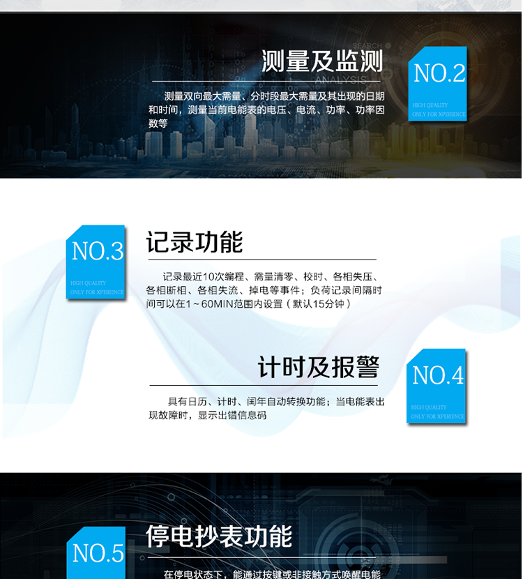 產品特點
采用專利技術開關電源供電，寬電壓工作范圍
采用獨有的抗浪涌措施，防雷性能強
功耗低，整機功耗<=1W、2VA，溫升低，整機壽命長
抗過壓能力強，避免接錯線或弄錯電壓等級而損壞電表，且能支持高過載倍數
板間無接插件，連接可靠；主機經過三防處理，能適應復雜氣候，提高了整機壽命和平均無故障工作時間
采用雙物理器件存儲參數、計費電能數據；每個物理器件內數據保存三份，確保在強干擾環境中參數和計費數據完整、可靠
接口功能豐富：可提供雙路RS485接口，雙路負荷報警接口，四路電能脈沖輸出，一路時鐘脈沖輸出，停電抄表輸入
豐富的軟件模塊，功能擴展方便，可擴展電壓及功率因數合格率等電能質量數據、可存儲半年以上的大容量負荷曲線數據等
采用模塊化設計，GPRS/CDMA模塊與計量模塊獨立，安裝方便，可后期擴充
采用業內先進的GPRS/CDMA模塊，可快速安全的實現數據連接，永久在線
可以當地/遠方修改參數，并且支持當地/遠方軟件在線升級
支持GPRS、CSD、SMS、CDMA等通訊方式，并支持VPN虛擬專網及公網等多種組網模式
采用超級電容和鋰電池兩種停電后備方式，保證停電報警功能可靠
綜合防竊電功能：
    硬件方面：采用防竊電外殼，并有相應的施封點，用電戶在不破壞鉛封的前提下，無法改動電壓電流線，也無法對編程按鍵操作來改動電表參數
    軟件方面：三級密碼防護
在線實時監測，并通過用電異常信息的記錄及主動上傳（通過GPRS/CDMA網絡上傳失壓、斷相、掉電/上電、過壓等異常事件）進行防竊電報警
電表自檢信息記錄及上報（硬件故障、時鐘故障、電池電壓低等）