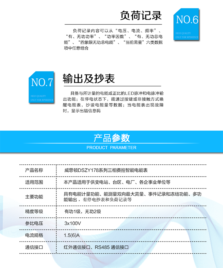 主要功能
計量功能
具有正、反向有功電能、四象限無功電能計量功能；具有分時計量功能；具有計量分相有功電能量功能；能存儲12個結算日電量數據。
測量及監測
能測量雙向最大需量、分時段最大需量及其出現的日期和時間；
能測量當前電能表的電壓、電流、功率、功率因數等運行參數。
事件記錄
記錄最近10次編程、需量清零、校時、各相失壓、各相斷相、各相失流、各相過負荷、電流不平衡、電壓（流）逆相序、開表蓋、開端鈕蓋、全失壓、掉電、遠程控制拉閘、遠程控制合閘等事件。
顯示功能
高對比度、寬視角、帶背光的LCD（數值顯示位數8）。
報警功能
當電能表出現故障時，顯示出錯信息碼。
凍結功能
支持定時凍結、瞬時凍結、約定凍結、日凍結、整點凍結等。
計時功能
采用具有溫度補償功能的內置硬件時鐘電路，具有日歷、計時、閏年自動轉換功能。
脈沖輸出
具備與所計量的電能成正比的LED脈沖和電脈沖輸出功能。
負荷記錄
負荷記錄內容可以從“電壓、電流、頻率”、“有、無功功率”、“功率因數”、“有、無功總電能”、“四象限無功總電能”、“當前需量”六類數據項中任意組合。
停電抄表
在停電狀態下，能通過按鍵或非接觸方式喚醒電能表，抄讀電能量等數據。
費控功能
通過RS485和遠程售電系統實現費控功能。通過嚴格的密碼驗證或ESAM模塊等安全認證，確保數據傳輸安全可靠。